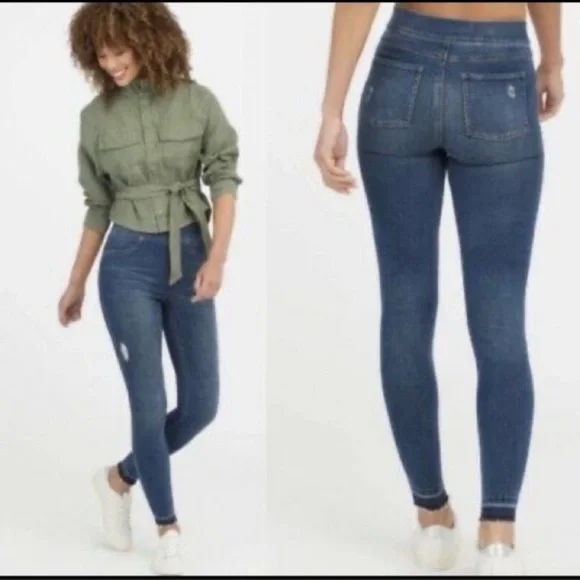 Spanx Distressed Ankle Elastic Stretch Waist Skinny Blue Jeans Jeggings Small - Picture 6 of 7